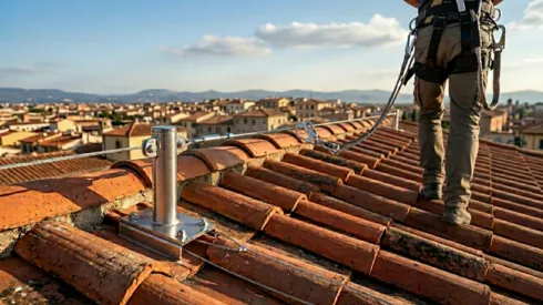 linea vita a norma su tetto toscano con operatore in sicurezza e imbracatura anticaduta